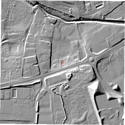Shaded relief map of the ground around TS182NR, computed from Environment Agency LiDAR. The ground here sits at about 5 m above sea level and falls 21 m across the surrounding 800 m. Surface water reaching this point runs off ground lying to the east-south-east, 3.5 m higher.
