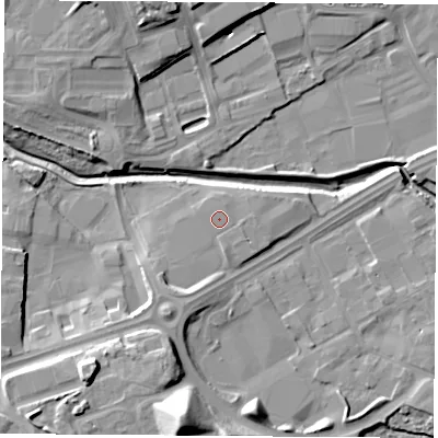 Shaded relief map of the ground around TS182PA, computed from Environment Agency LiDAR. The ground here sits at about 6 m above sea level and falls 21 m across the surrounding 800 m. The ground contributing surface water to this point lies to the east-south-east.