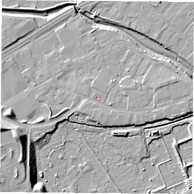 Shaded relief map of the ground around TS182PH, computed from Environment Agency LiDAR. The ground here sits at about 6 m above sea level and falls 18 m across the surrounding 800 m. Surface water reaching this point runs off ground lying to the east-north-east, 2.8 m higher.