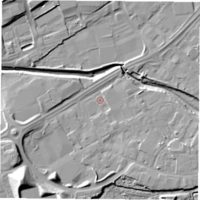Shaded relief map of the ground around TS182PS, computed from Environment Agency LiDAR. The ground here sits at about 4 m above sea level and falls 21 m across the surrounding 800 m. Surface water reaching this point runs off ground lying to the south-west, 18.1 m higher.