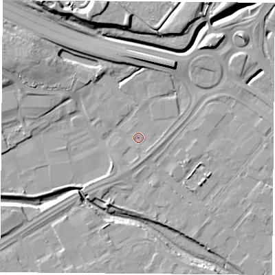Shaded relief map of the ground around TS182QA, computed from Environment Agency LiDAR. The ground here sits at about 4 m above sea level and falls 14 m across the surrounding 800 m. Surface water reaching this point runs off ground lying to the south-south-east, 1.2 m higher.