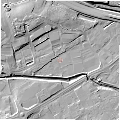Shaded relief map of the ground around TS182QQ, computed from Environment Agency LiDAR. The ground here sits at about 3 m above sea level and falls 13 m across the surrounding 800 m. Surface water reaching this point runs off ground lying to the west-south-west, 2.4 m higher.