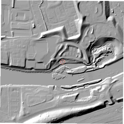 Shaded relief map of the ground around TS182QW, computed from Environment Agency LiDAR. The ground here sits at about 4 m above sea level and falls 21 m across the surrounding 800 m. Surface water reaching this point runs off ground lying to the north-north-east, 20.5 m higher.