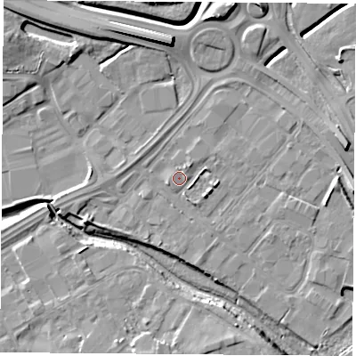 Shaded relief map of the ground around TS182RB, computed from Environment Agency LiDAR. The ground here sits at about 4 m above sea level and falls 10 m across the surrounding 800 m. Surface water reaching this point runs off ground lying to the south-south-east, 1.7 m higher.