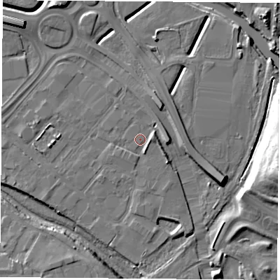 Shaded relief map of the ground around TS182RD, computed from Environment Agency LiDAR. The ground here sits at about 4 m above sea level and falls 17 m across the surrounding 800 m. Surface water reaching this point runs off ground lying to the east, 2.2 m higher.