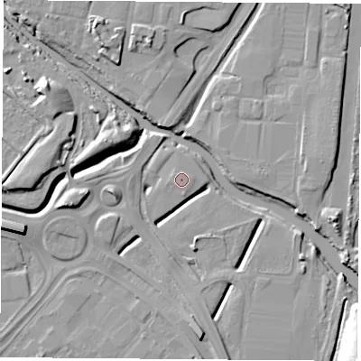 Shaded relief map of the ground around TS182RF, computed from Environment Agency LiDAR. The ground here sits at about 5 m above sea level and falls 13 m across the surrounding 800 m. Surface water reaching this point runs off ground lying to the west-north-west, 0.7 m higher.
