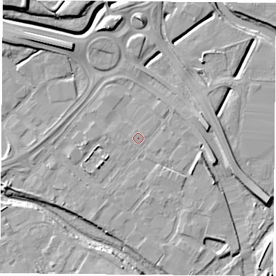 Shaded relief map of the ground around TS182RJ, computed from Environment Agency LiDAR. The ground here sits at about 4 m above sea level and falls 12 m across the surrounding 800 m. Surface water reaching this point runs off ground lying to the south-west, 2.4 m higher.
