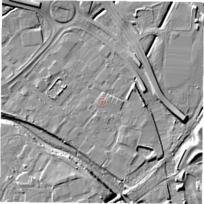 Shaded relief map of the ground around TS182RN, computed from Environment Agency LiDAR. The ground here sits at about 4 m above sea level and falls 10 m across the surrounding 800 m. Surface water reaching this point runs off ground lying to the east-north-east, 0.6 m higher.