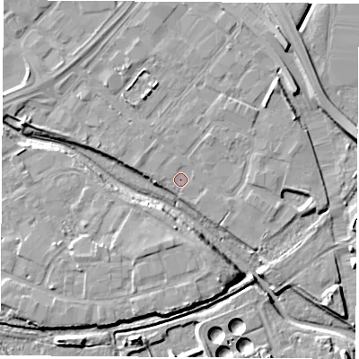Shaded relief map of the ground around TS182RR, computed from Environment Agency LiDAR. The ground here sits at about 4 m above sea level and falls 8 m across the surrounding 800 m. Surface water reaching this point runs off ground lying to the east-south-east, 3.1 m higher.