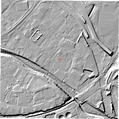 Shaded relief map of the ground around TS182RS, computed from Environment Agency LiDAR. The ground here sits at about 4 m above sea level and falls 9 m across the surrounding 800 m. Surface water reaching this point runs off ground lying to the east-south-east, 3.1 m higher.
