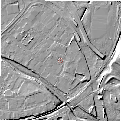 Shaded relief map of the ground around TS182RT, computed from Environment Agency LiDAR. The ground here sits at about 4 m above sea level and falls 11 m across the surrounding 800 m. Surface water reaching this point runs off ground lying to the west-north-west, 1.0 m higher.