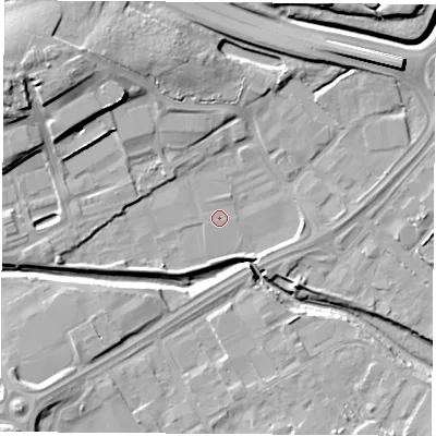 Shaded relief map of the ground around TS182SA, computed from Environment Agency LiDAR. The ground here sits at about 3 m above sea level and falls 13 m across the surrounding 800 m. Surface water reaching this point runs off ground lying to the south-west, 2.1 m higher.