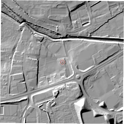 Shaded relief map of the ground around TS182SB, computed from Environment Agency LiDAR. The ground here sits at about 5 m above sea level and falls 21 m across the surrounding 800 m. Surface water reaching this point runs off ground lying to the south-south-east, 5.1 m higher.