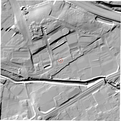 Shaded relief map of the ground around TS182SG, computed from Environment Agency LiDAR. The ground here sits at about 4 m above sea level and falls 13 m across the surrounding 800 m. Surface water reaching this point runs off ground lying to the west, 1.2 m higher.