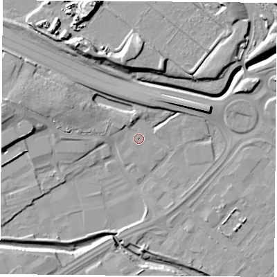 Shaded relief map of the ground around TS182SP, computed from Environment Agency LiDAR. The ground here sits at about 4 m above sea level and falls 16 m across the surrounding 800 m. Surface water reaching this point runs off ground lying to the north-west, 0.6 m higher.