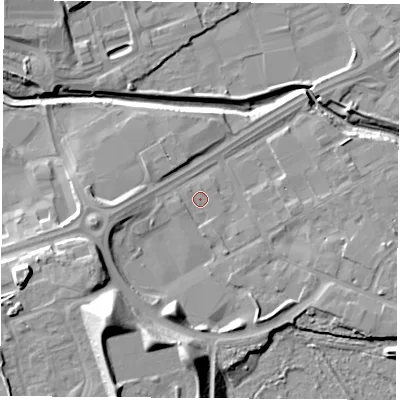 Shaded relief map of the ground around TS182TA, computed from Environment Agency LiDAR. The ground here sits at about 4 m above sea level and falls 21 m across the surrounding 800 m. Surface water reaching this point runs off ground lying to the west, 1.3 m higher.