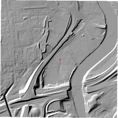 Shaded relief map of the ground around TS183AW, computed from Environment Agency LiDAR. The ground here sits at about 5 m above sea level and falls 20 m across the surrounding 800 m. Surface water reaching this point runs off ground lying to the south-west, 18.7 m higher.