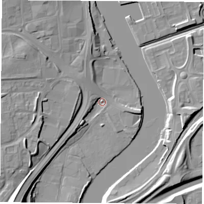 Shaded relief map of the ground around TS183AX, computed from Environment Agency LiDAR. The ground here sits at about 4 m above sea level and falls 16 m across the surrounding 800 m. Surface water reaching this point runs off ground lying to the west-south-west, 11.9 m higher.