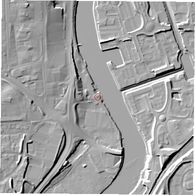 Shaded relief map of the ground around TS183AZ, computed from Environment Agency LiDAR. The ground here sits at about 5 m above sea level and falls 13 m across the surrounding 800 m. Surface water reaching this point runs off ground lying to the north-west, 11.9 m higher.