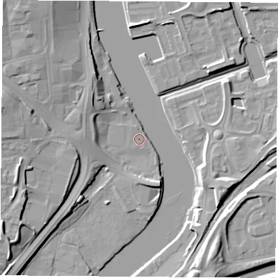 Shaded relief map of the ground around TS183BA, computed from Environment Agency LiDAR. The ground here sits at about 4 m above sea level and falls 13 m across the surrounding 800 m. Surface water reaching this point runs off ground lying to the north-west, 10.3 m higher.