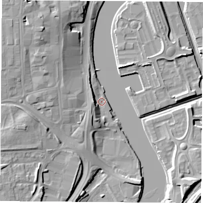 Shaded relief map of the ground around TS183BB, computed from Environment Agency LiDAR. The ground here sits at about 5 m above sea level and falls 13 m across the surrounding 800 m. Surface water reaching this point runs off ground lying to the north-west, 12.7 m higher.