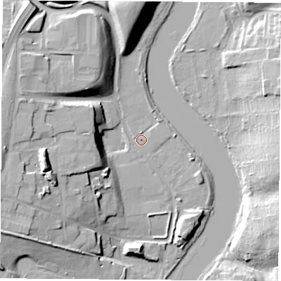 Shaded relief map of the ground around TS183BL, computed from Environment Agency LiDAR. The ground here sits at about 5 m above sea level and falls 20 m across the surrounding 800 m. Surface water reaching this point runs off ground lying to the west, 1.1 m higher.