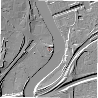 Shaded relief map of the ground around TS183DG, computed from Environment Agency LiDAR. The ground here sits at about 5 m above sea level and falls 11 m across the surrounding 800 m. Surface water reaching this point runs off ground lying to the south-east, 1.3 m higher.