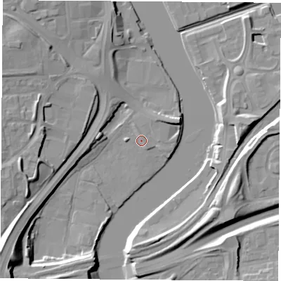 Shaded relief map of the ground around TS183FA, computed from Environment Agency LiDAR. The ground here sits at about 4 m above sea level and falls 19 m across the surrounding 800 m. Surface water reaching this point runs off ground lying to the north-east, 3.1 m higher.