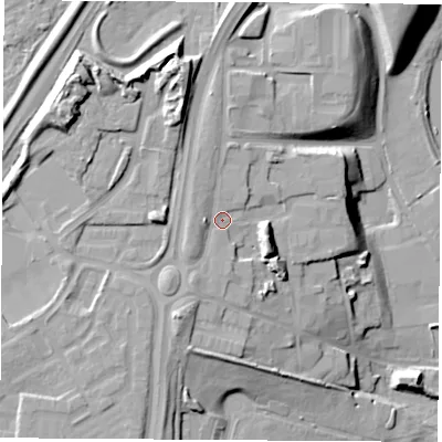 Shaded relief map of the ground around TS183HQ, computed from Environment Agency LiDAR. The ground here sits at about 17 m above sea level and falls 24 m across the surrounding 800 m. Surface water reaching this point runs off ground lying to the north-west, 10.2 m higher.