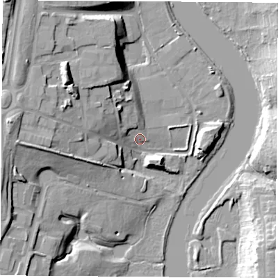 Shaded relief map of the ground around TS183QY, computed from Environment Agency LiDAR. The ground here sits at about 6 m above sea level and falls 20 m across the surrounding 800 m. Surface water reaching this point runs off ground lying to the north-west, 6.8 m higher.