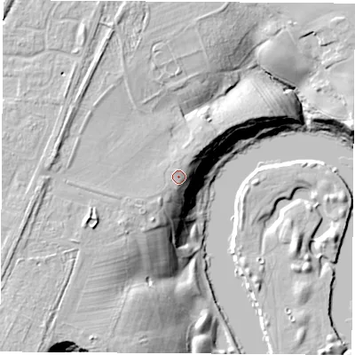Shaded relief map of the ground around TS183RH, computed from Environment Agency LiDAR. The ground here sits at about 18 m above sea level and falls 21 m across the surrounding 800 m. Surface water reaching this point runs off ground lying to the west-south-west, 2.3 m higher.