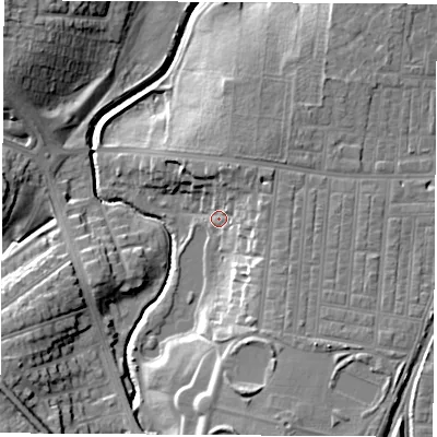 Shaded relief map of the ground around TS184DR, computed from Environment Agency LiDAR. The ground here sits at about 10 m above sea level and falls 14 m across the surrounding 800 m. Surface water reaching this point runs off ground lying to the north-north-east, 7.2 m higher.
