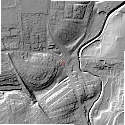 Shaded relief map of the ground around TS184ER, computed from Environment Agency LiDAR. The ground here sits at about 10 m above sea level and falls 17 m across the surrounding 800 m. Surface water reaching this point runs off ground lying to the west, 8.0 m higher.