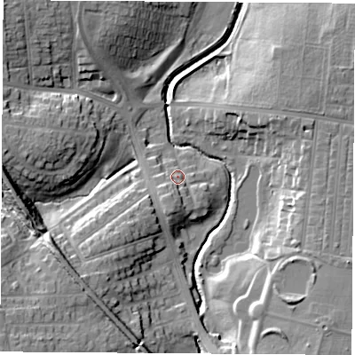 Shaded relief map of the ground around TS184ET, computed from Environment Agency LiDAR. The ground here sits at about 10 m above sea level and falls 15 m across the surrounding 800 m. Surface water reaching this point runs off ground lying to the south, 4.4 m higher.