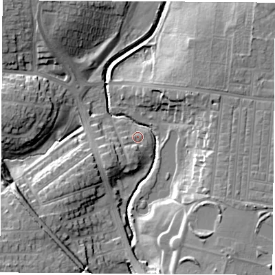 Shaded relief map of the ground around TS184EU, computed from Environment Agency LiDAR. The ground here sits at about 9 m above sea level and falls 14 m across the surrounding 800 m. Surface water reaching this point runs off ground lying to the south-west, 13.1 m higher.