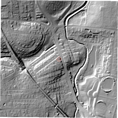 Shaded relief map of the ground around TS184EX, computed from Environment Agency LiDAR. The ground here sits at about 13 m above sea level and falls 16 m across the surrounding 800 m. Surface water reaching this point runs off ground lying to the south-west, 4.6 m higher.