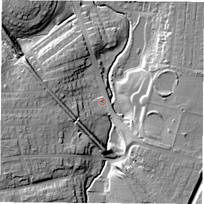 Shaded relief map of the ground around TS184HF, computed from Environment Agency LiDAR. The ground here sits at about 10 m above sea level and falls 15 m across the surrounding 800 m. Surface water reaching this point runs off ground lying to the west-south-west, 11.5 m higher.