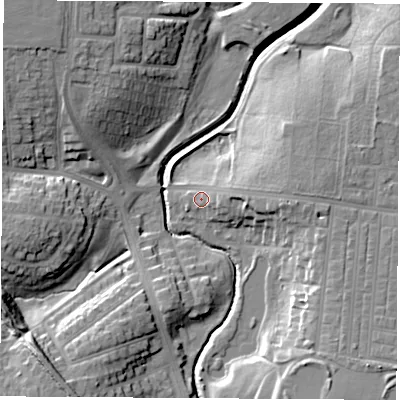 Shaded relief map of the ground around TS184HW, computed from Environment Agency LiDAR. The ground here sits at about 9 m above sea level and falls 16 m across the surrounding 800 m. Surface water reaching this point runs off ground lying to the east, 6.9 m higher.