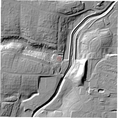 Shaded relief map of the ground around TS184LL, computed from Environment Agency LiDAR. The ground here sits at about 8 m above sea level and falls 18 m across the surrounding 800 m. Surface water reaching this point runs off ground lying to the west-south-west, 8.1 m higher.