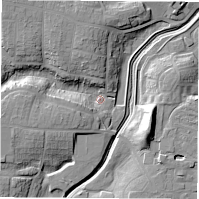 Shaded relief map of the ground around TS184LX, computed from Environment Agency LiDAR. The ground here sits at about 8 m above sea level and falls 18 m across the surrounding 800 m. Surface water reaching this point runs off ground lying to the north-west, 14.1 m higher.