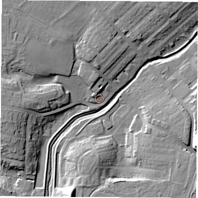 Shaded relief map of the ground around TS184PA, computed from Environment Agency LiDAR. The ground here sits at about 8 m above sea level and falls 17 m across the surrounding 800 m. Surface water reaching this point runs off ground lying to the north-west, 12.4 m higher.