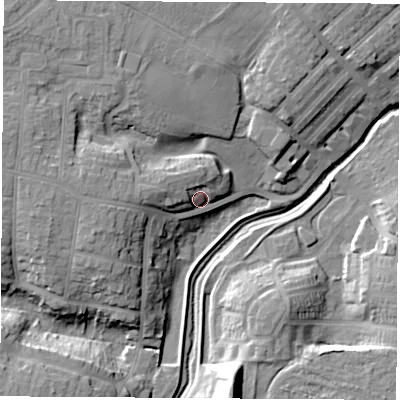 Shaded relief map of the ground around TS184PB, computed from Environment Agency LiDAR. The ground here sits at about 12 m above sea level and falls 18 m across the surrounding 800 m. Surface water reaching this point runs off ground lying to the west-north-west, 10.1 m higher.