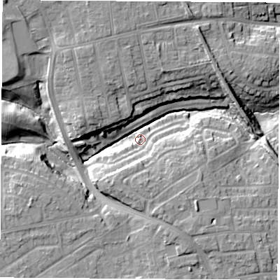 Shaded relief map of the ground around TS185AW, computed from Environment Agency LiDAR. The ground here sits at about 14 m above sea level and falls 16 m across the surrounding 800 m. Surface water reaching this point runs off ground lying to the south-east, 13.3 m higher.