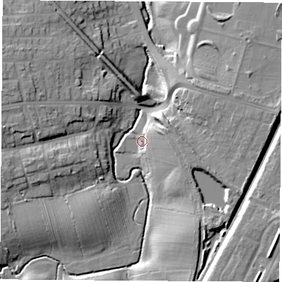 Shaded relief map of the ground around TS185BE, computed from Environment Agency LiDAR. The ground here sits at about 9 m above sea level and falls 16 m across the surrounding 800 m. Surface water reaching this point runs off ground lying to the east-north-east, 13.3 m higher.