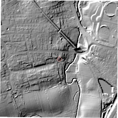 Shaded relief map of the ground around TS185EA, computed from Environment Agency LiDAR. The ground here sits at about 13 m above sea level and falls 16 m across the surrounding 800 m. Surface water reaching this point runs off ground lying to the west-north-west, 9.6 m higher.