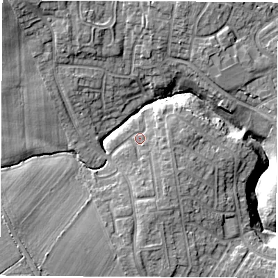Shaded relief map of the ground around TS185QG, computed from Environment Agency LiDAR. The ground here sits at about 30 m above sea level and falls 18 m across the surrounding 800 m. Surface water reaching this point runs off ground lying to the south-south-east, 2.2 m higher.