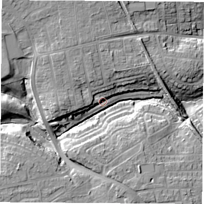 Shaded relief map of the ground around TS185QH, computed from Environment Agency LiDAR. The ground here sits at about 14 m above sea level and falls 16 m across the surrounding 800 m. Surface water reaching this point runs off ground lying to the south-west, 14.3 m higher.