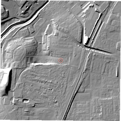 Shaded relief map of the ground around TS190AG, computed from Environment Agency LiDAR. The ground here sits at about 13 m above sea level and falls 18 m across the surrounding 800 m. Surface water reaching this point runs off ground lying to the east, 1.9 m higher.