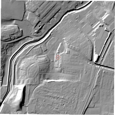 Shaded relief map of the ground around TS190AH, computed from Environment Agency LiDAR. The ground here sits at about 9 m above sea level and falls 18 m across the surrounding 800 m. Surface water reaching this point runs off ground lying to the south-west, 16.1 m higher.