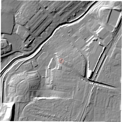 Shaded relief map of the ground around TS190AR, computed from Environment Agency LiDAR. The ground here sits at about 12 m above sea level and falls 18 m across the surrounding 800 m. Surface water reaching this point runs off ground lying to the south, 4.6 m higher.